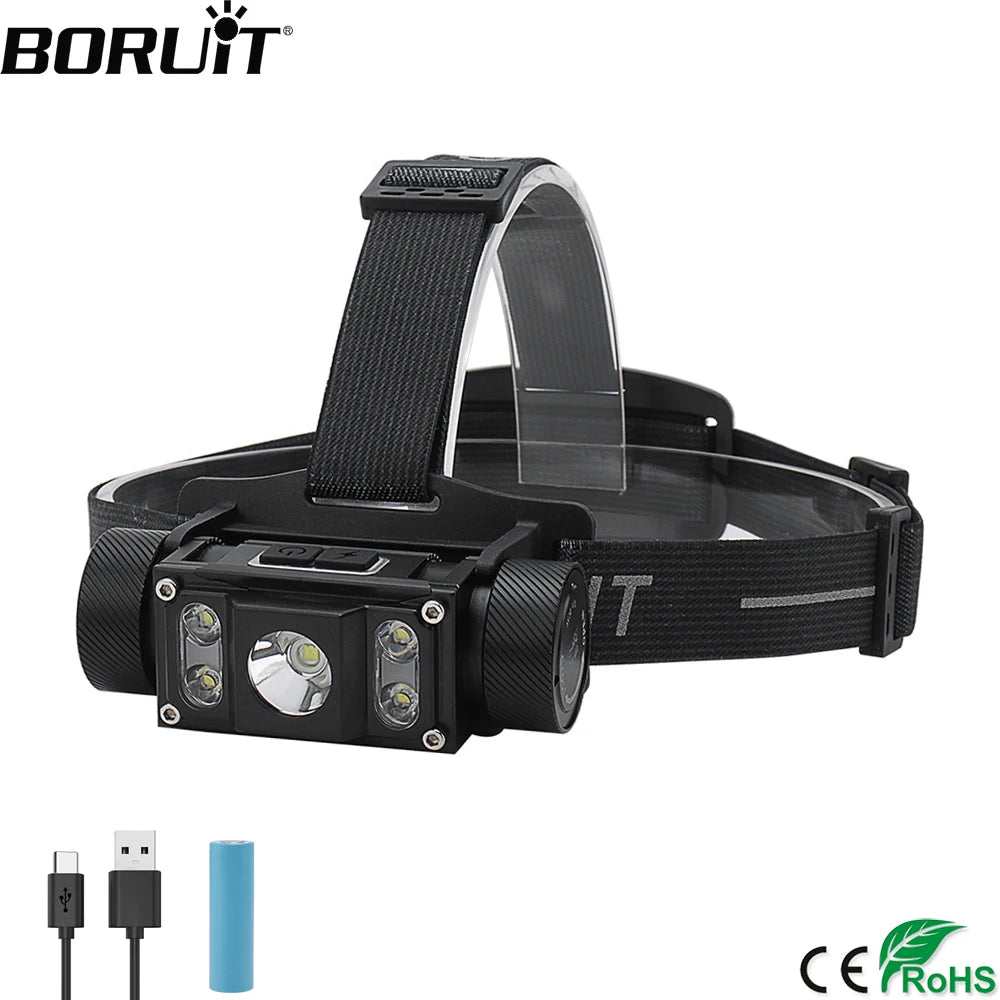 BORUiT Powerful LED Headlamp 6000LM Headlight TYPE-C Rechargeable