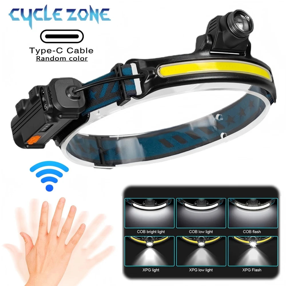 Powerful LED Sensor Headlamp Zoom COB Headlight Rechargeable Head