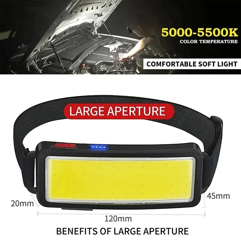 Lumière Éclairante - Lampe Frontale LED COB Rechargeable Type-C avec Batterie Intégrée