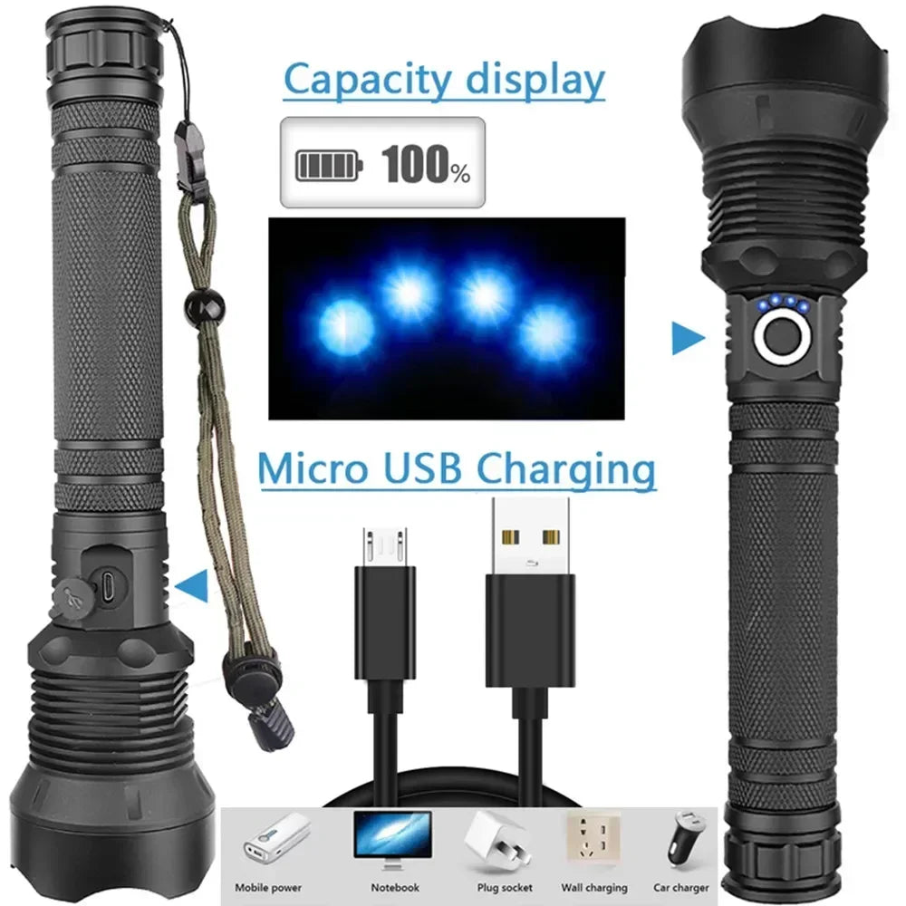 USB Powerful xhp70.2 Flashlight Torch Super Bright Rechargeable Zoom