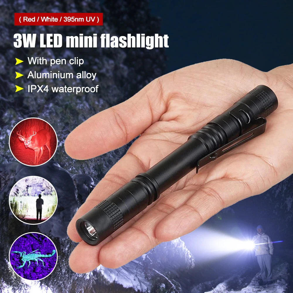 Mini Pen Light Flashlight Red/White/395nm Torch Penlight Flashlight