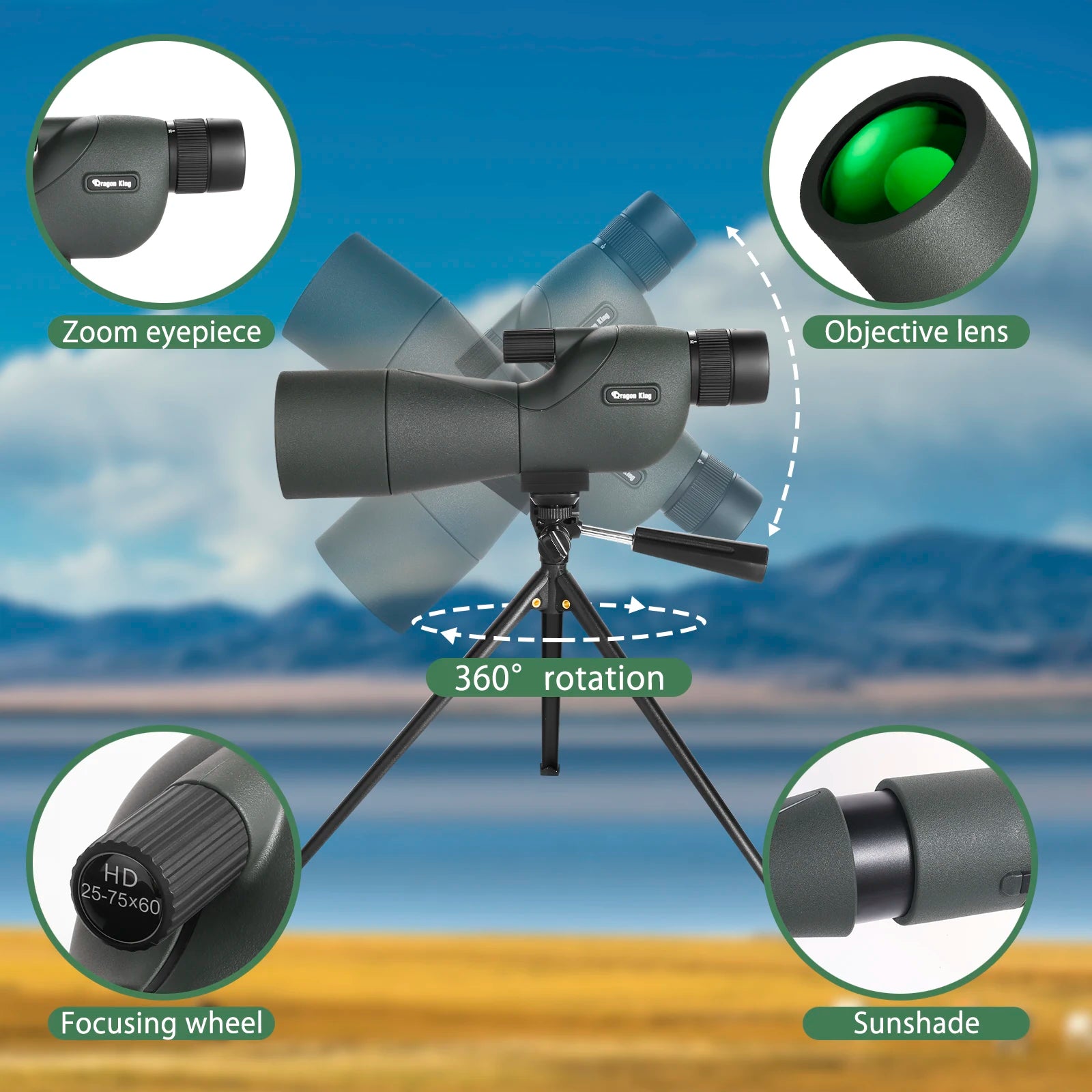 25-75x60 Telescope Spotting Scope Powerful Zoom Monocular FMC BAK4