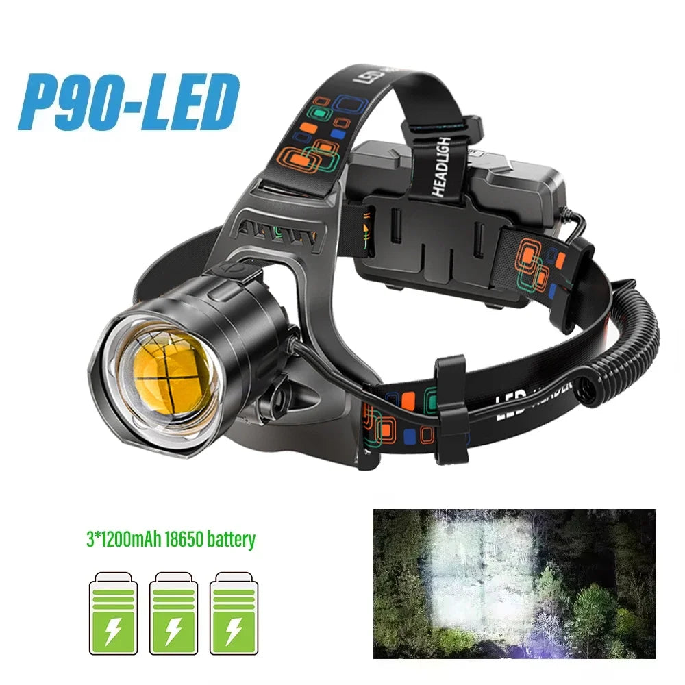 Super Bright LED Headlamp with XHP90 Lamp Beads Waterproof Headlight