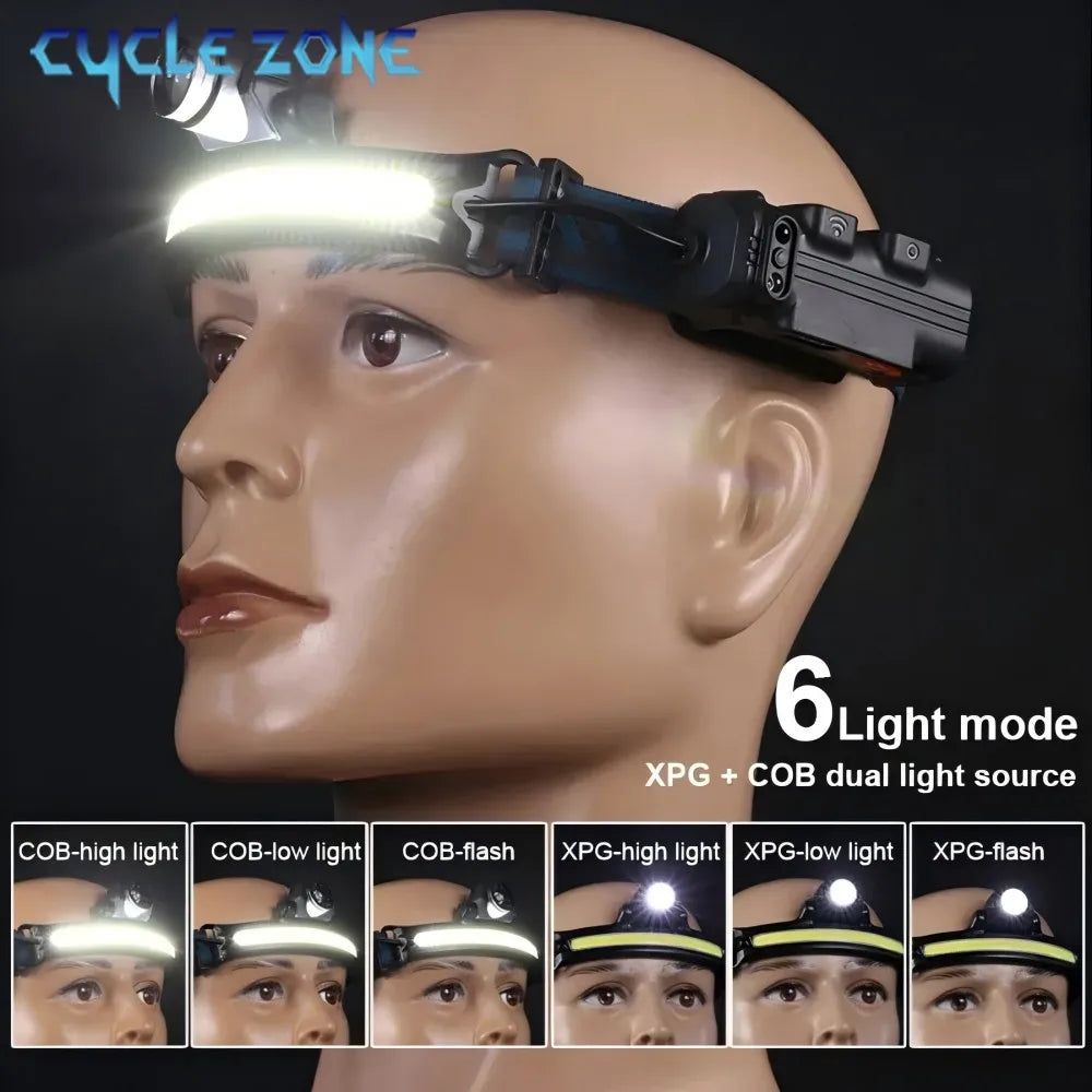 Powerful LED Sensor Headlamp Zoom COB Headlight Rechargeable Head