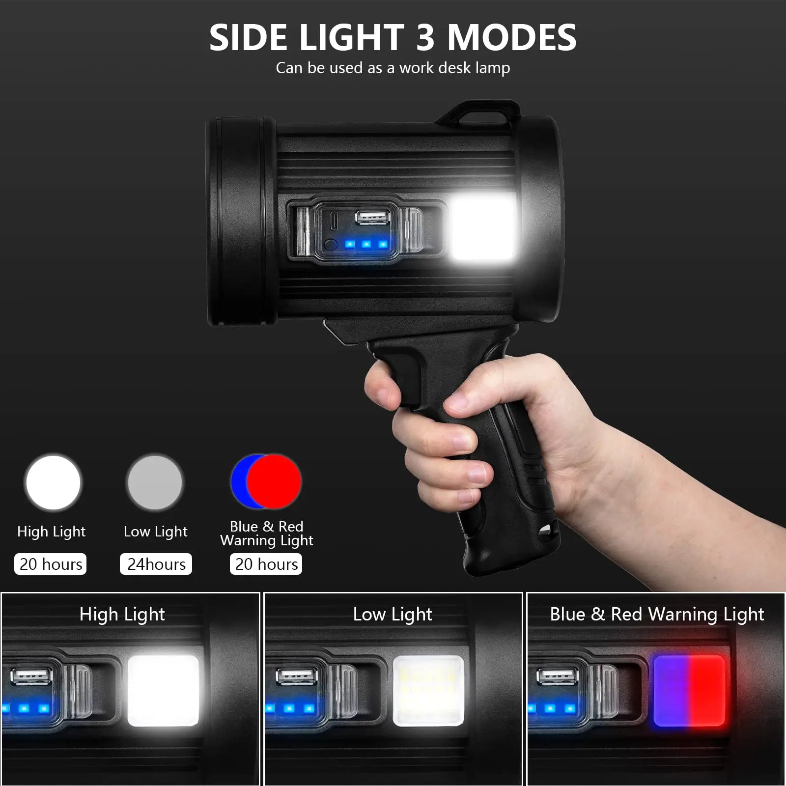 Rechargeable Spotlight, 1000,000 Lumens Handheld Hunting Flashlight