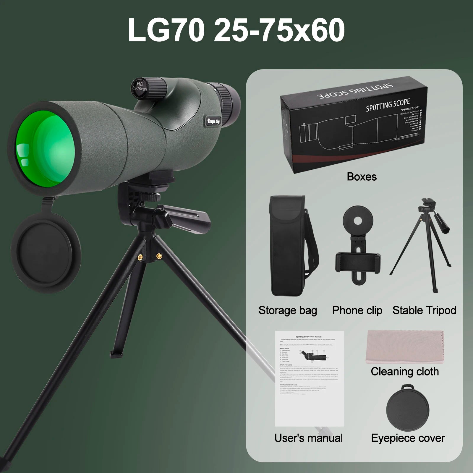 25-75x60 Telescope Spotting Scope Powerful Zoom Monocular FMC BAK4
