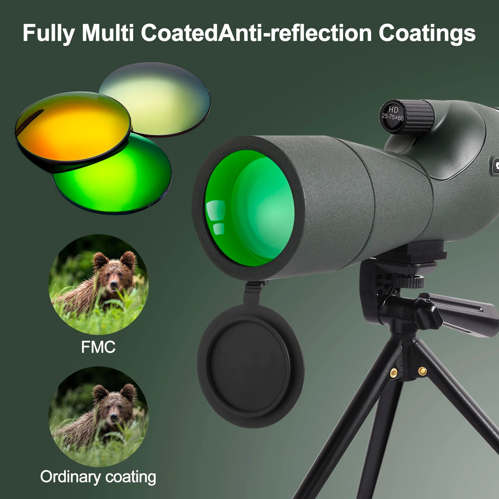 25-75x60 Telescope Spotting Scope Powerful Zoom Monocular FMC BAK4