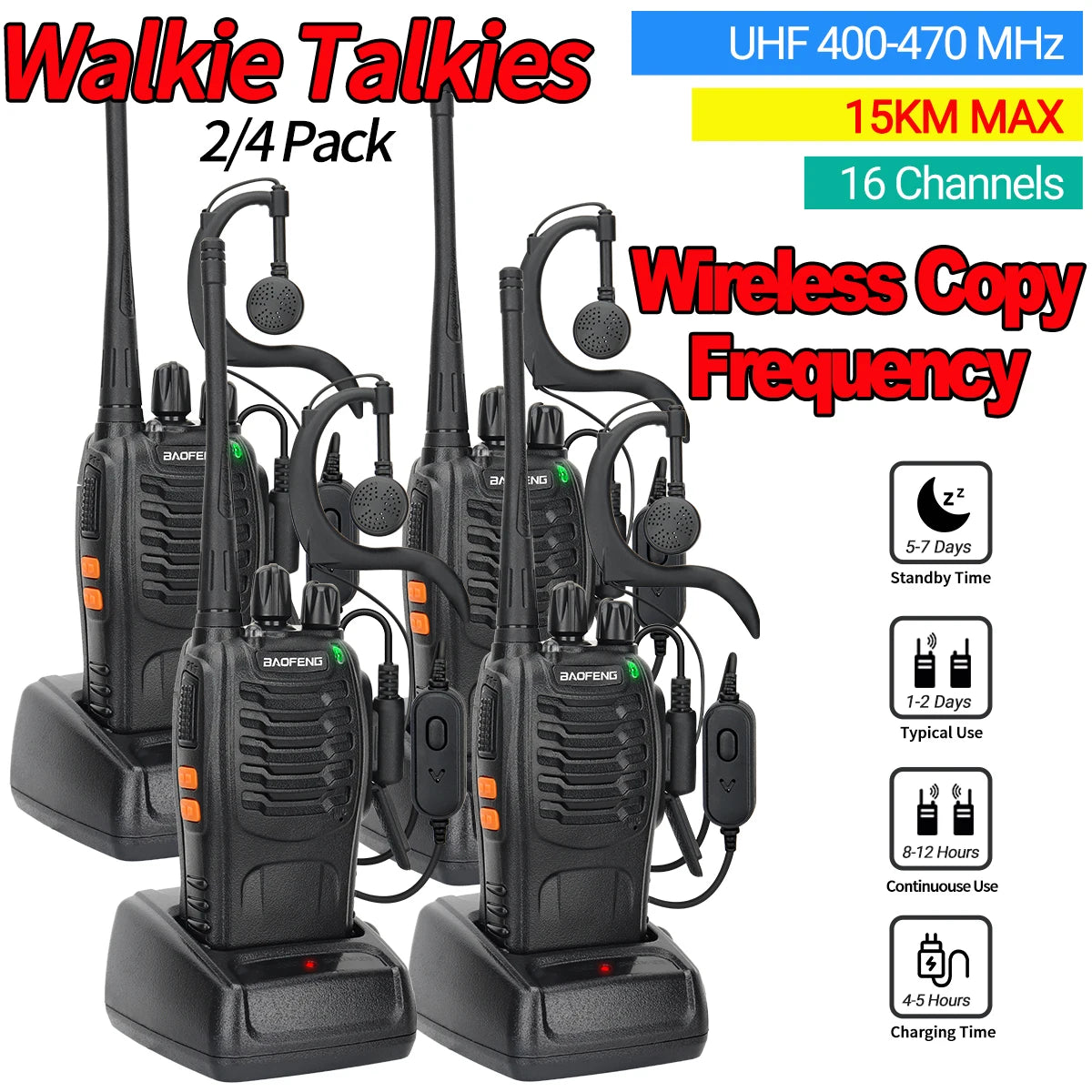 2/4PCS Baofeng BF-888S Pro Walkie Talkie Wireless Copy Frequency Long