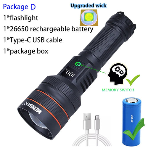 Bright Spotlight Long Range LED Flashlight Type-C Charging Strong