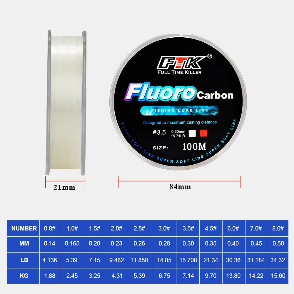 FTK Fil de Pêche Fluorocarbone 100M 0.14-0.5mm 4.13-34.32LB - Résistance et Précision