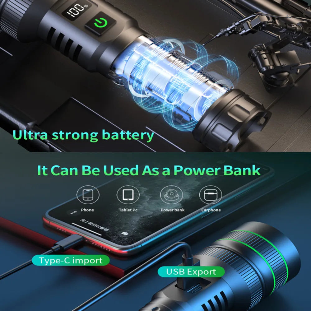 Bright Spotlight Long Range LED Flashlight Type-C Charging Strong