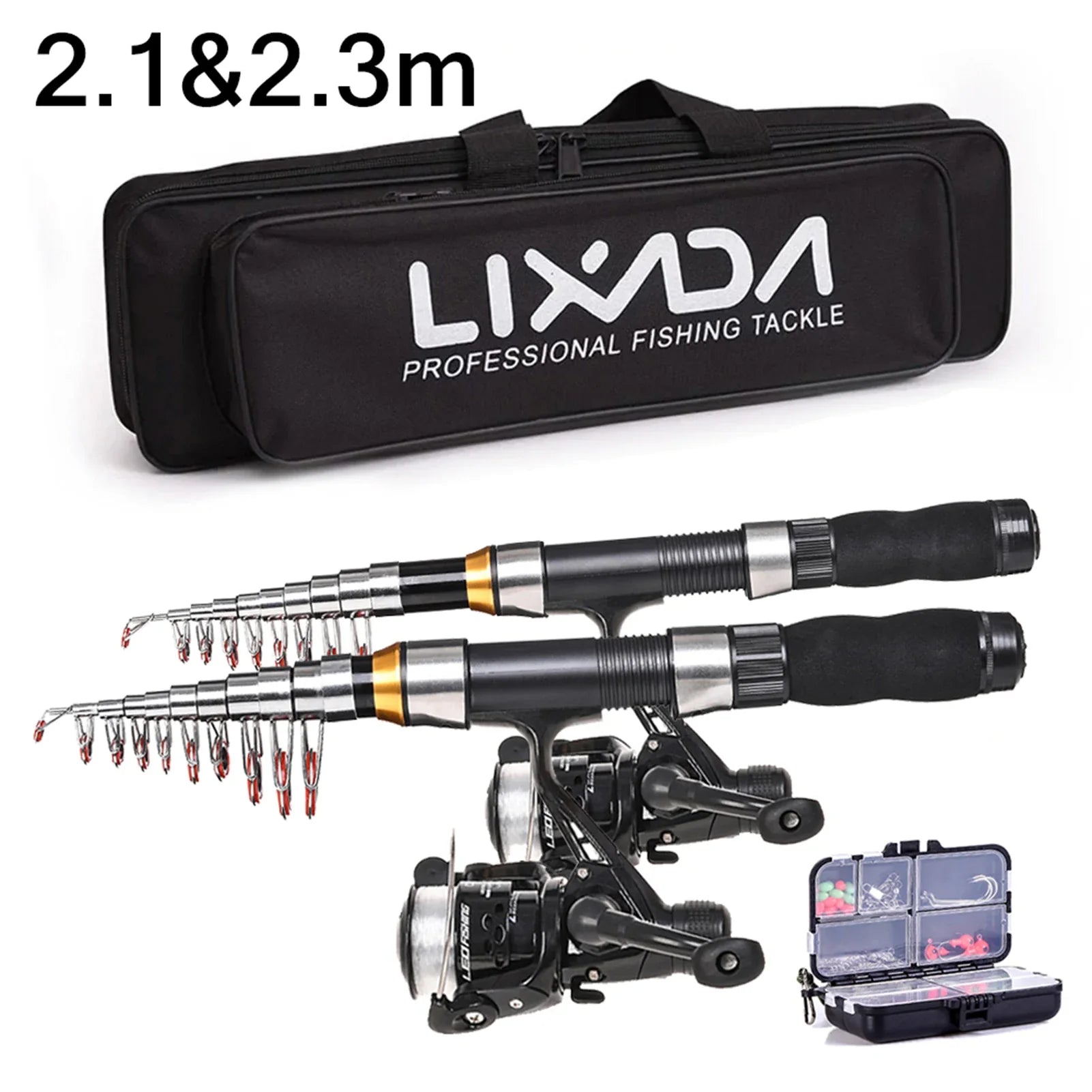 NNEOBA 2.1m / 2.3m Telescopic Fishing Rod & Reel Combo Full Kit Black