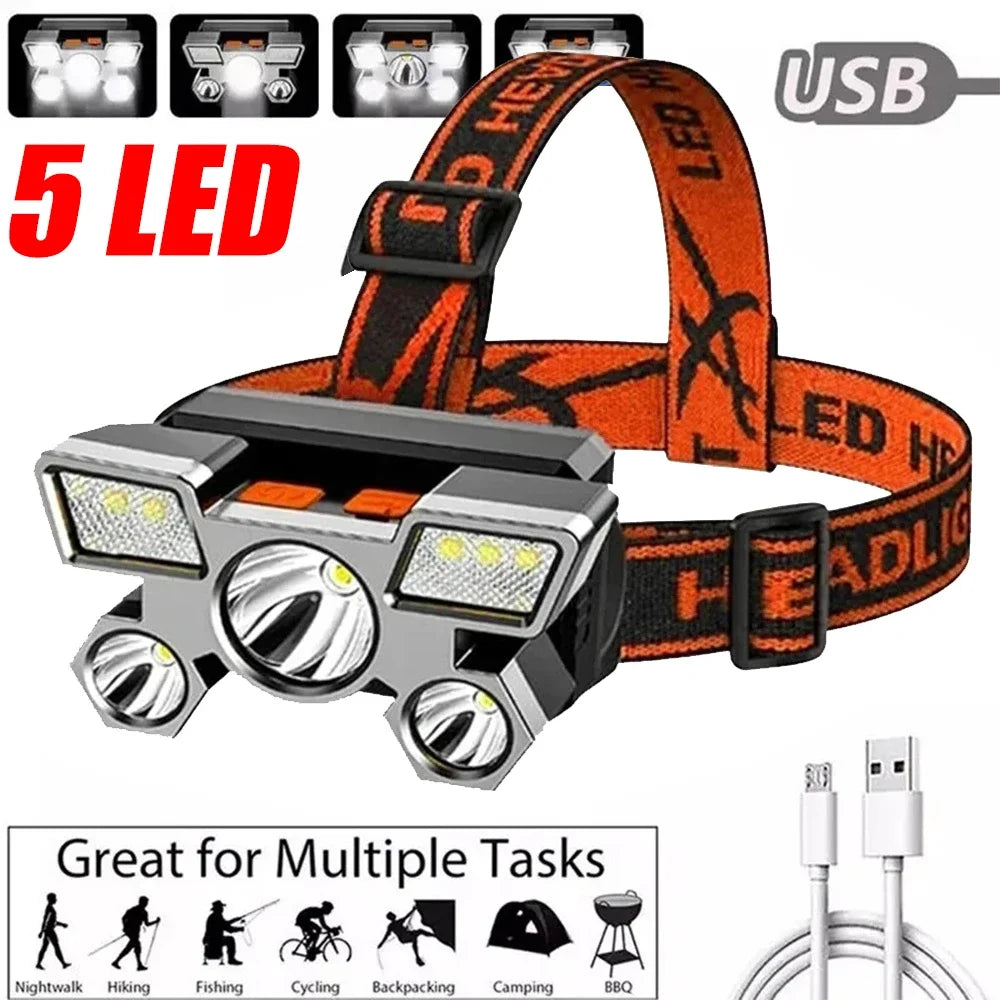 High Powerful USB Rechargeable Head Flashlight for Fishing Led